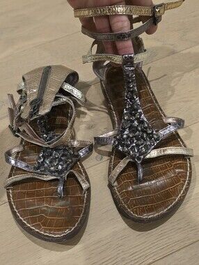Sam Edelman Georgina Metallic T-Strap Sandals with Crystal Accents